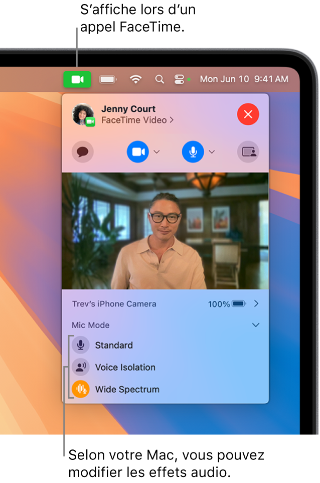 Le centre de contrôle en haut à droite de l’écran du Mac, avec le bouton Vidéo (qui s’affiche lorsque vous participez à un appel FaceTime) ainsi que les options « Mode du micro » (qui modifient les effets audio, selon le modèle de votre Mac).