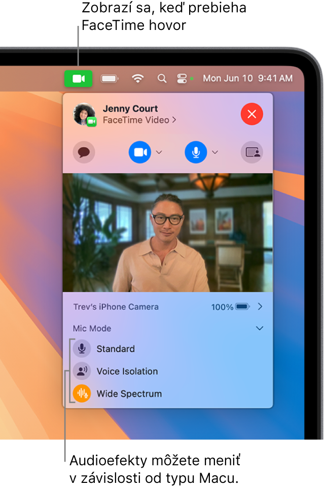 Ovládacie centrum v pravom hornom rohu obrazovky Macu zobrazujúce tlačidlo Video (zobrazuje sa, keď sa účastníte FaceTime hovoru) a možnosti režimu mikrofónu (ktoré zmenia audioefekty v závislosti od vášho Macu).