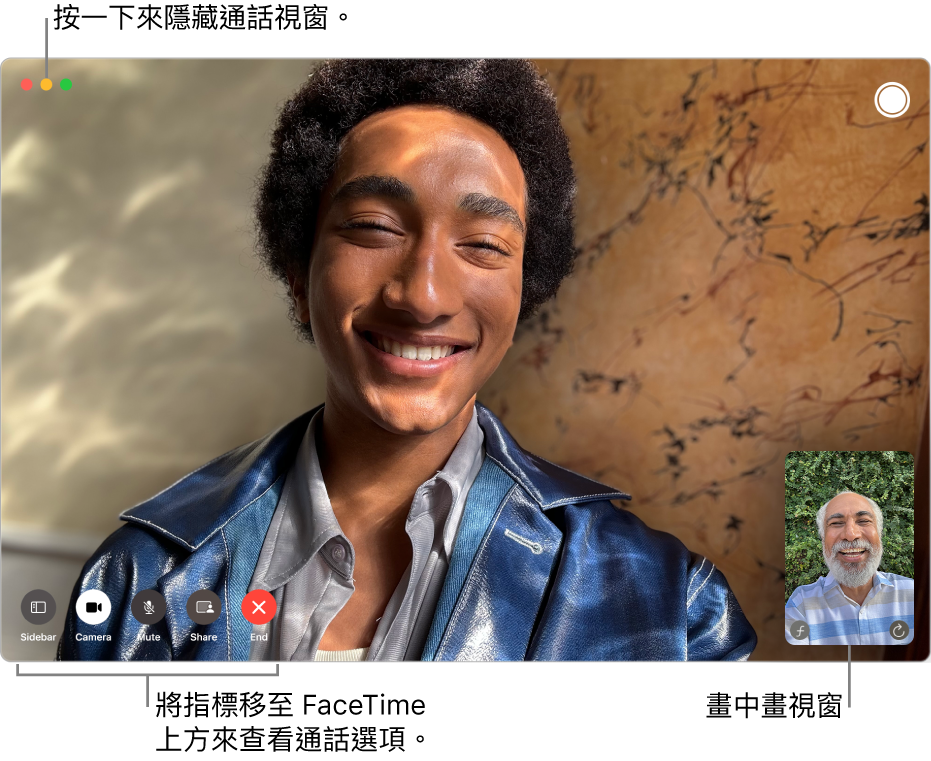 將指標移至 FaceTime 視窗上方來查看「側邊欄」、「相機」、「靜音」、「螢幕共享」、「結束通話」和「原況相片」按鈕。 按一下左上角的中央按鈕來隱藏通話視窗。 畫中畫視窗會出現在右下角。