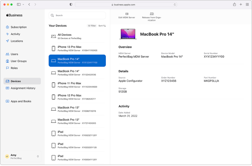 The Apple Business Manager device window showing a selected device and that device information.