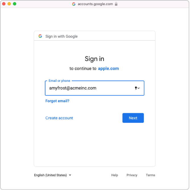 Apple Business Managerウインドウの上部に、Google Workspaceのサインインウインドウが表示されています。