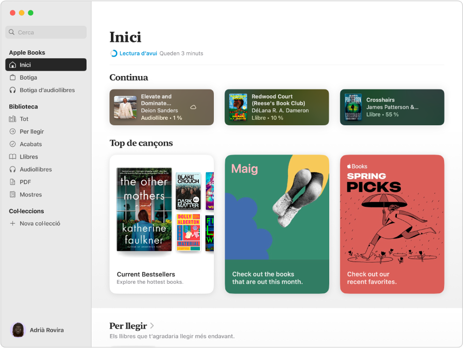 Una finestra de l’app Llibres que mostra la pestanya “Inici” seleccionada a la barra lateral i les seccions “Continua” i “”Nous llançaments” a la dreta.