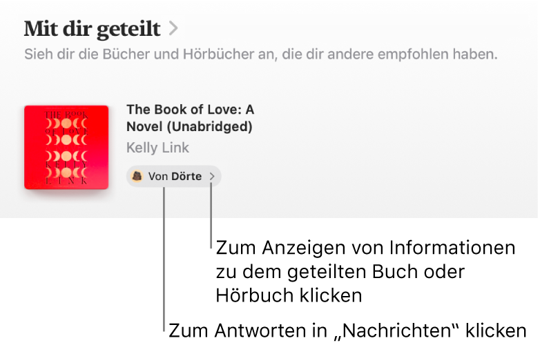 Ein Bildschirm mit einem Buch im Bereich „Mit dir geteilt“