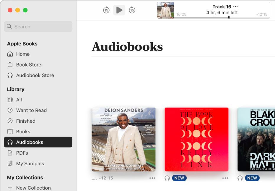 The audiobook player. Along the top are the player’s controls, a thumbnail of the audiobook’s cover, and the audiobook’s title and author. Below is the Audiobooks collection in the library.