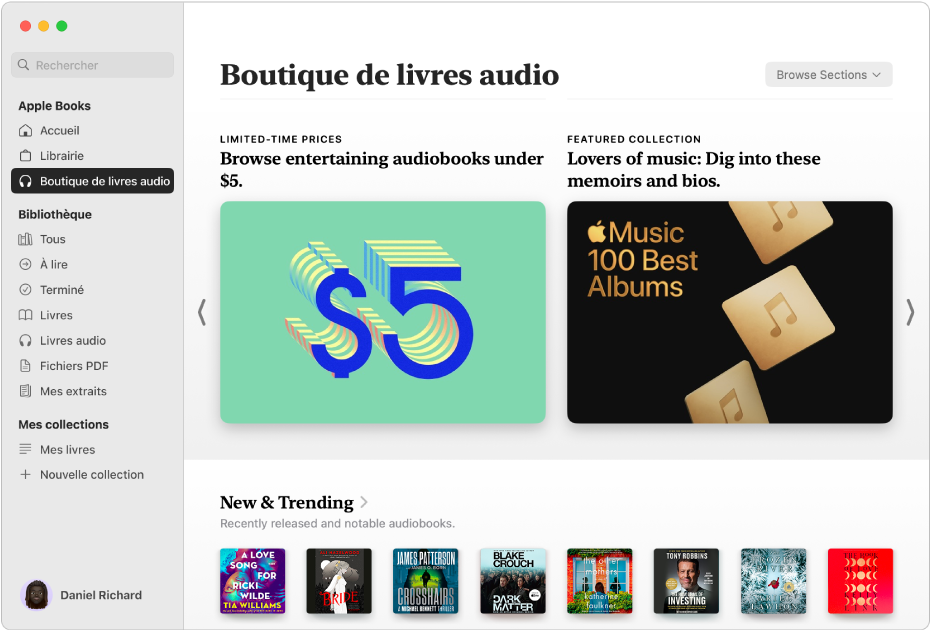 Une fenêtre de l’app Livres qui affiche la boutique de livres audio sélectionnée dans la barre latérale, avec des catégories de titres à droite, notamment « Nouveautés et tendances » et « Offres à durée limitée ».
