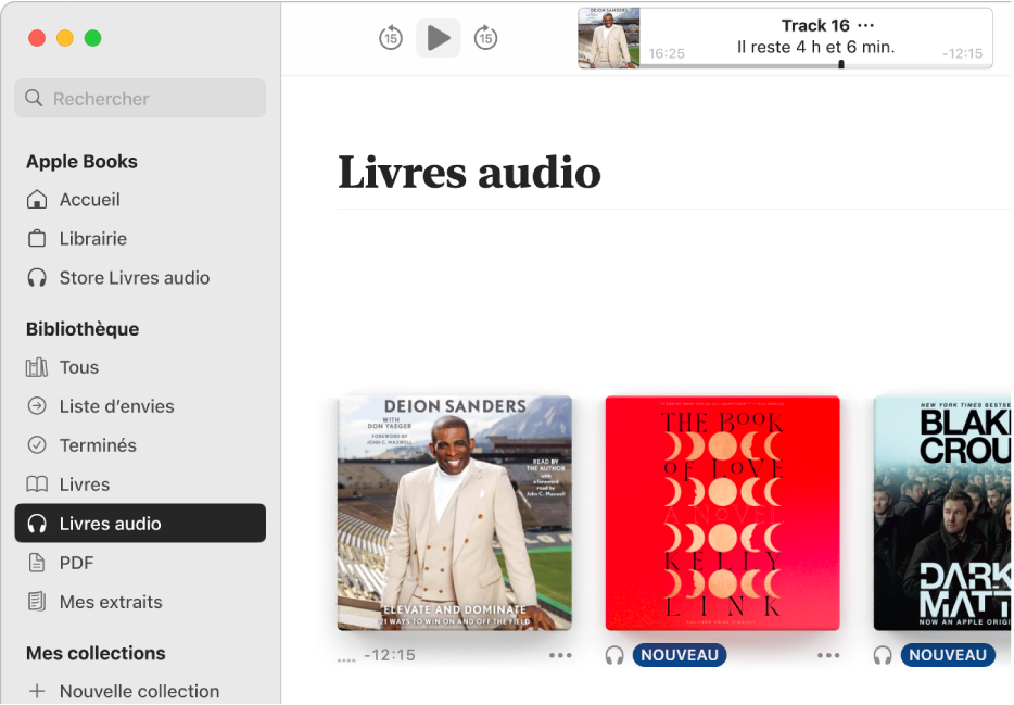 Le lecteur de livre audio. En haut de la fenêtre se trouvent les commandes du lecteur, une vignette de la couverture du livre audio ainsi que le titre et l’auteur du livre. En dessous se trouve la collection « Livres audio » de la bibliothèque.