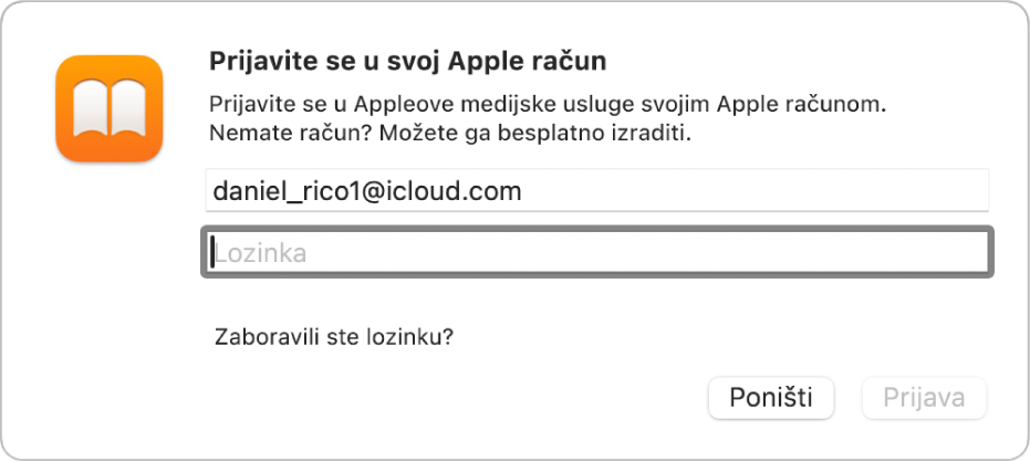 Dijaloški okvir “Prijavite se u svoj Apple račun” u aplikaciji Knjige.