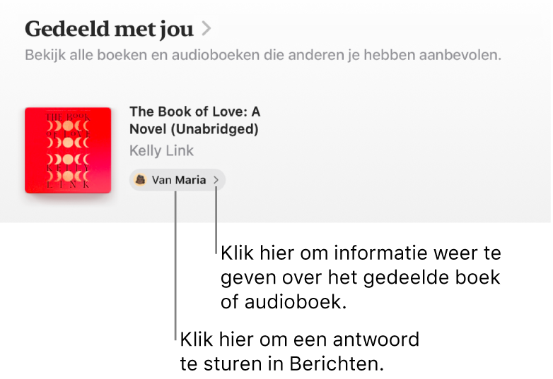 Een scherm met een boek in het gedeelte 'Gedeeld met jou'.