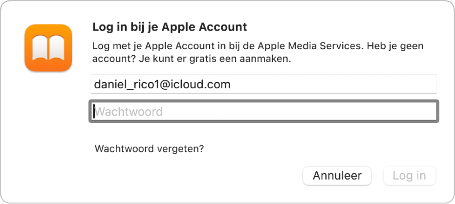 Het dialoogvenster 'Log in bij je Apple Account' in Boeken.