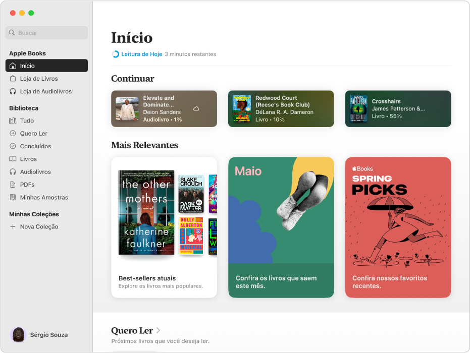 A aba Início mostrando os livros e audiolivros que estão sendo lidos atualmente, bem como títulos na seção Mais Relevantes e um link para a coleção Quero Ler.