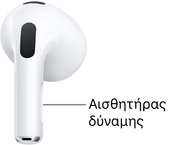 Η θέση του αισθητήρα πίεσης στα AirPods 3, κατά μήκος του στελέχους του κάθε AirPod.