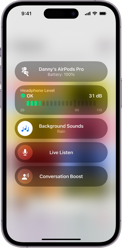 The Hearing Devices screen in Control Center. From top to bottom, it includes the Headphone Level in decibels, Headphone Accommodations, Background Sounds, Live Listen, and Conversation Boost.