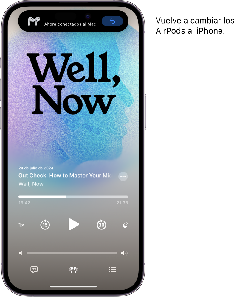 La pantalla de bloqueo del iPhone con un mensaje en la parte superior que indica “Ahora conectados al Mac” y un botón para volver a cambiar los AirPods al iPhone.