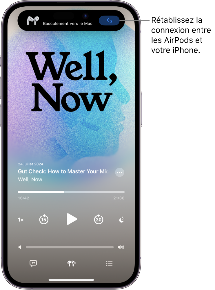 L’écran verrouillé de l’iPhone avec en haut le message « Basculement vers le Mac » et un bouton permettant de rétablir la connexion des AirPods avec l’iPhone.