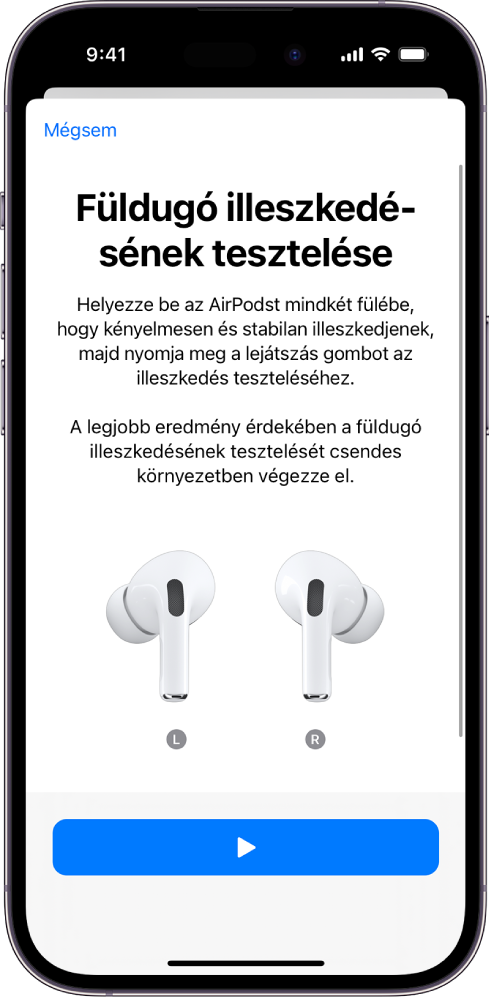 Az iPhone képernyőjén az AirPods Pro 1-hez rendelkezésre álló Füldugó illeszkedésének tesztelése funkció látható.