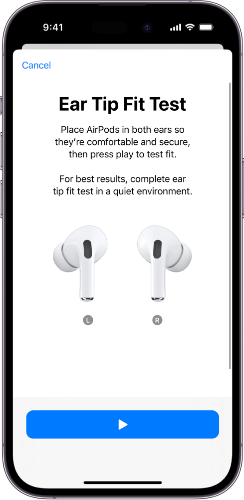 iPhone tālruņa ekrāns, kurā redzams tests Ear Tip Fit Test AirPods Pro 1 austiņām.