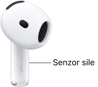 Mesto senzorja sile na slušalkah AirPods 4 vzdolž ročice posamične slušalke AirPods.