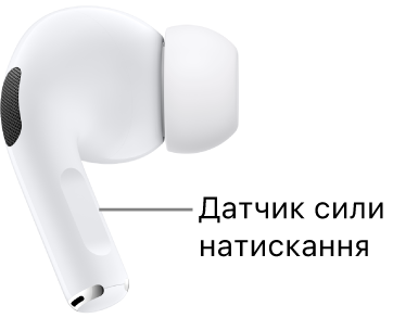 Розташування датчика зусиль на AirPods Pro 1 уздовж ніжки кожного навушника.