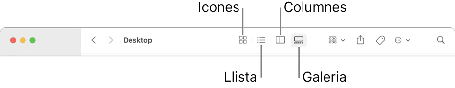 La part superior d’una finestra del Finder que mostra els botons de les opcions de visualització d’una carpeta.