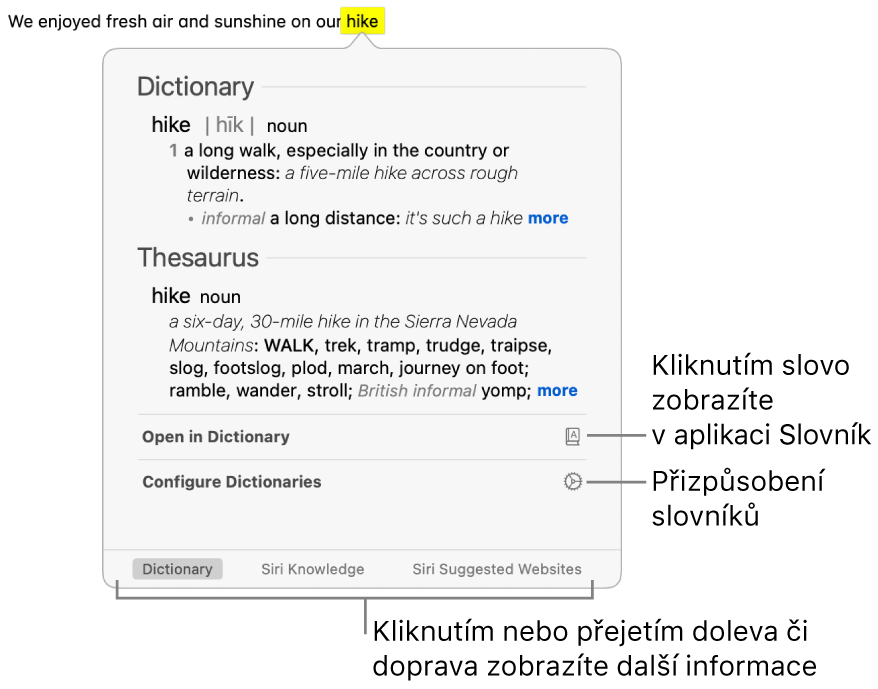 Okno Vyhledat, v němž je vidět slovo a jeho definice ve slovníku a tezauru