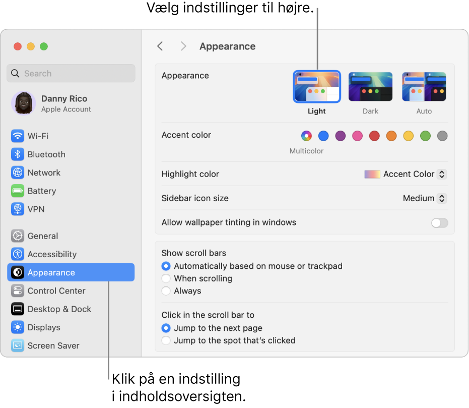 Vinduet Systemindstillinger, med indstillinger til Udseende valgt i indholdsoversigten og mulighederne for Udseende til højre.