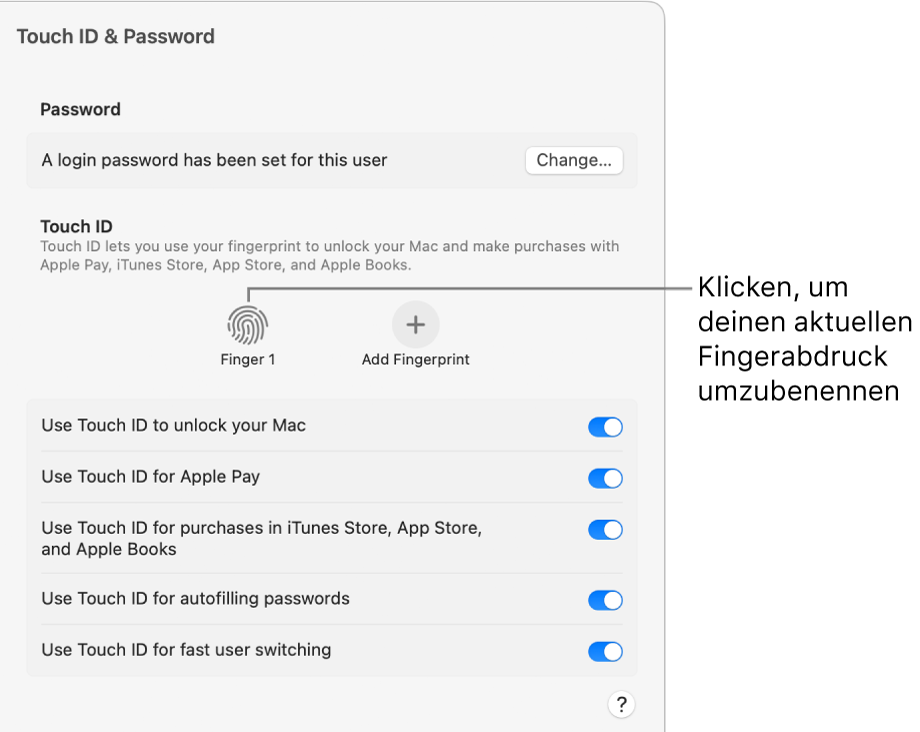 Die Einstellungen „Touch ID & Passwort“ zeigen, dass ein Fingerabdruck erstellt wurde, der nun zum Entsperren des Mac verwendet werden kann.