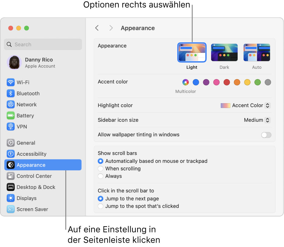 Das Fenster der Systemeinstellungen mit den Einstellungen für „Erscheinungsbild“ in der Seitenleiste und den Optionen für das Erscheinungsbild auf der rechten Seite.