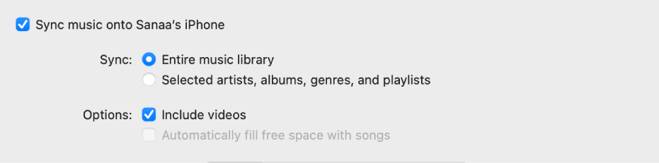 The “Sync music onto device” tickbox appears with additional options for syncing your entire library or only selected items and including videos in the syncing process.