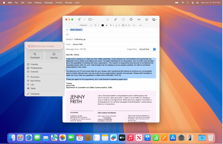 A Mail app window on Mac showing selected text in an email with the Writing Tools dialog open. The Writing Tools dialog has Proofread and Rewrite buttons at the top. You can choose a Friendly, Professional, or Concise tone below that, and at the bottom are Summary, Key Points, Table, and List buttons.