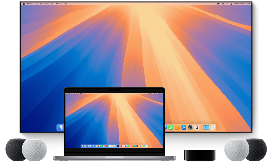 A Mac computer and devices to which it can stream content using AirPlay—for example, an Apple TV, HomePod mini speakers, and a smart TV.