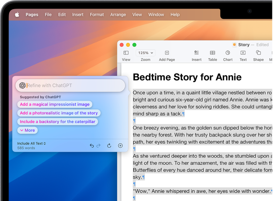 A Pages app window showing a story composed using Writing Tools and the ChatGPT extension. The Refine with ChatGPT dialog includes options to describe a change, choose ChatGPT suggestions, undo, rewrite, and add a photo or document.