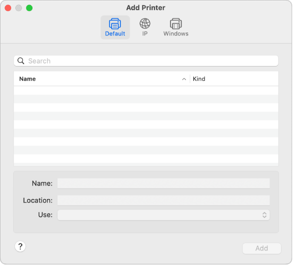 The Add Printer dialog showing the default options for selecting a printer and adding a name, location, and the Use pop-up menu for choosing the printer type.