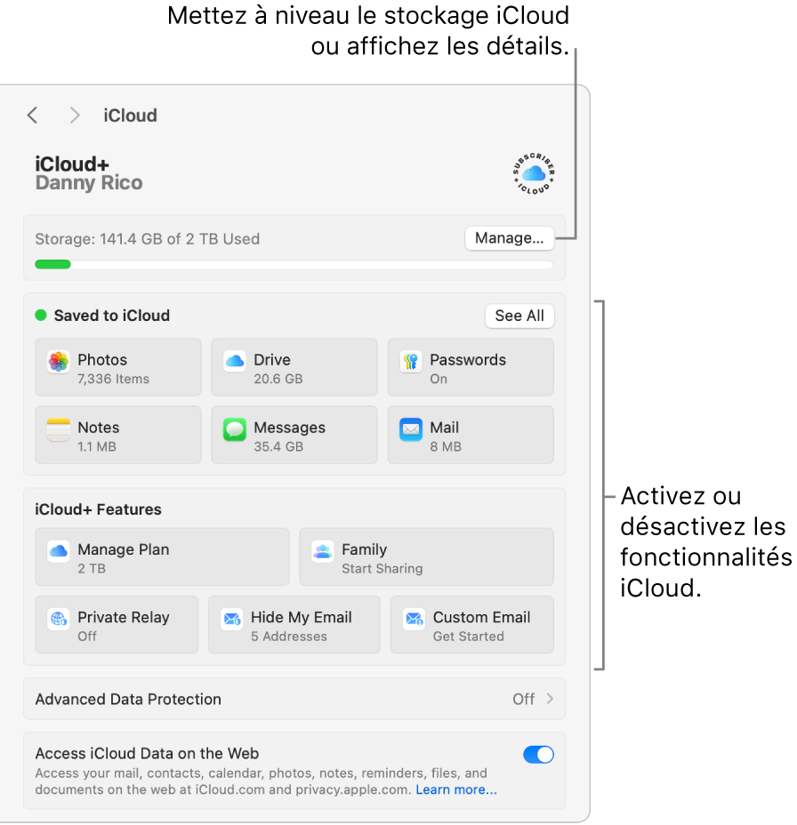 Réglages iCloud avec toutes les fonctionnalités activées