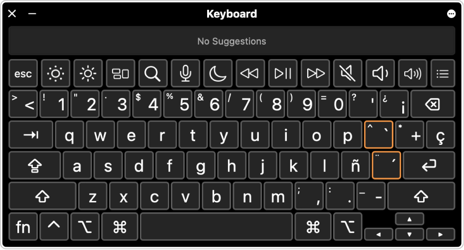 Le visualiseur de clavier avec la disposition du clavier espagnol.