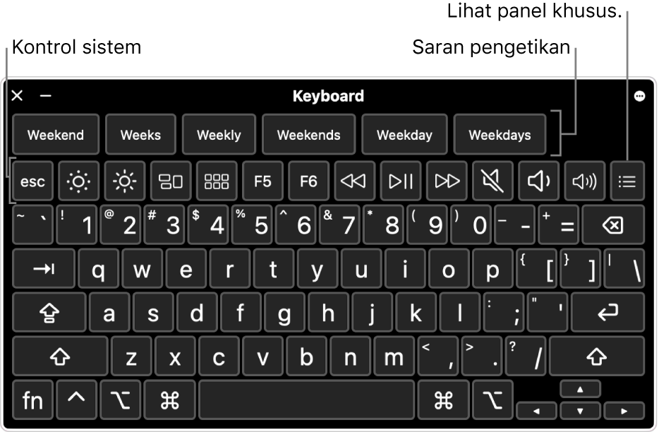 Papan Ketik Aksesibilitas dengan saran pengetikan di sepanjang bagian atas. Di bawahnya terdapat baris tombol untuk kontrol sistem untuk melakukan sesuatu seperti menyesuaikan kecerahan layar dan menampilkan panel khusus.