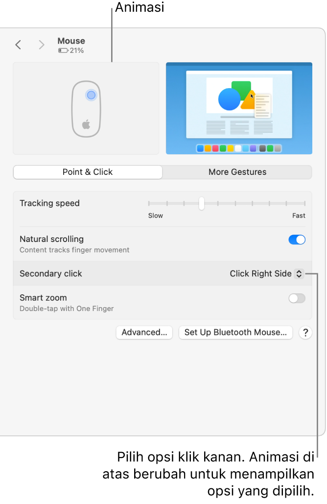 Pilihan tetikus di Pengaturan Sistem yang menampilkan pilihan klik kedua yang diatur ke Klik Sisi Kanan dan animasi terkait.