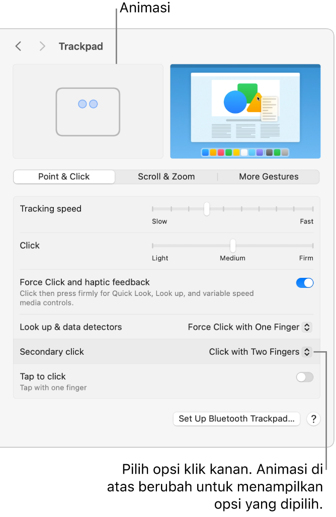 Pilihan trackpad di Pengaturan Sistem yang menampilkan pilihan klik kedua yang diatur ke Klik dengan Dua Jari dan animasi terkait.