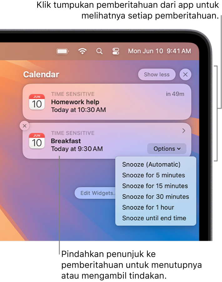 Pemberitahuan app di pojok kanan atas desktop, termasuk tumpukan terbuka dari dua pemberitahuan Pengingat dengan tombol “Tampilkan lebih sedikit” untuk menciutkan tumpukan, dan satu pemberitahuan Kalender dengan tombol Tunda.