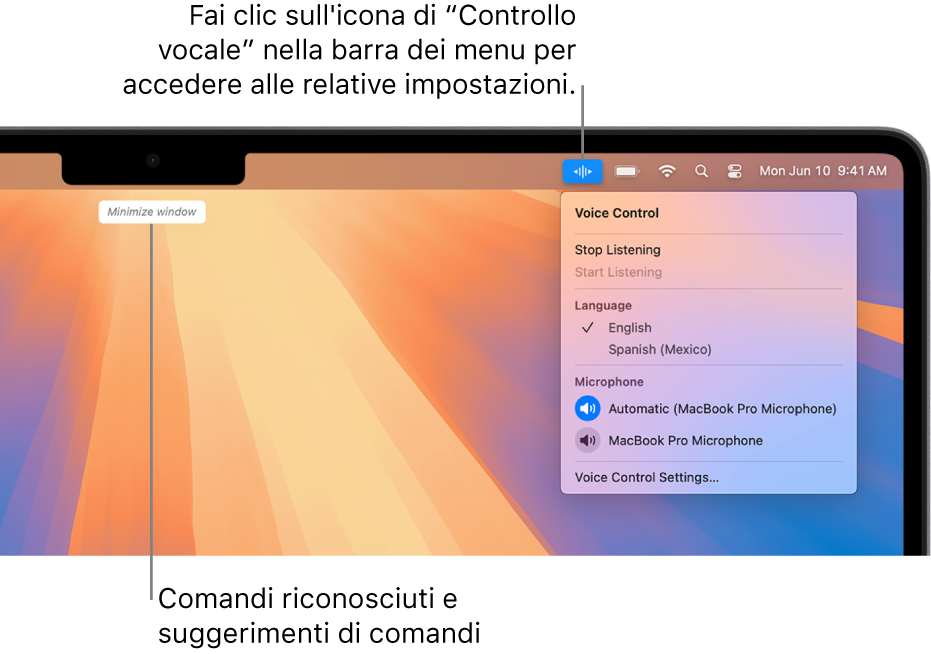 L’ultimo comando riconosciuto da Controllo vocale viene mostrato nella parte superiore della scrivania. A destra, l’icona di “Controllo vocale” è mostrata nella barra dei menu e il meno di “Controllo vocale” è aperto.