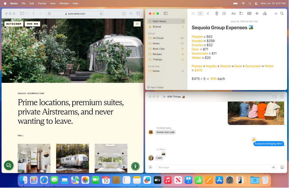 Desktop Mac menunjukkan tiga tetingkap dalam jubin—tetingkap Safari di separuh skrin, tetingkap Nota di penjuru kanan atas dan tetingkap Mesej di penjuru kanan bawah.