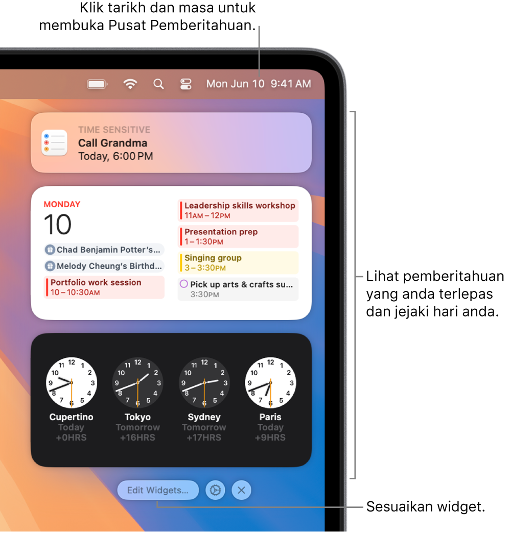 Pemberitahuan dan widget dalam Pusat Pemberitahuan.