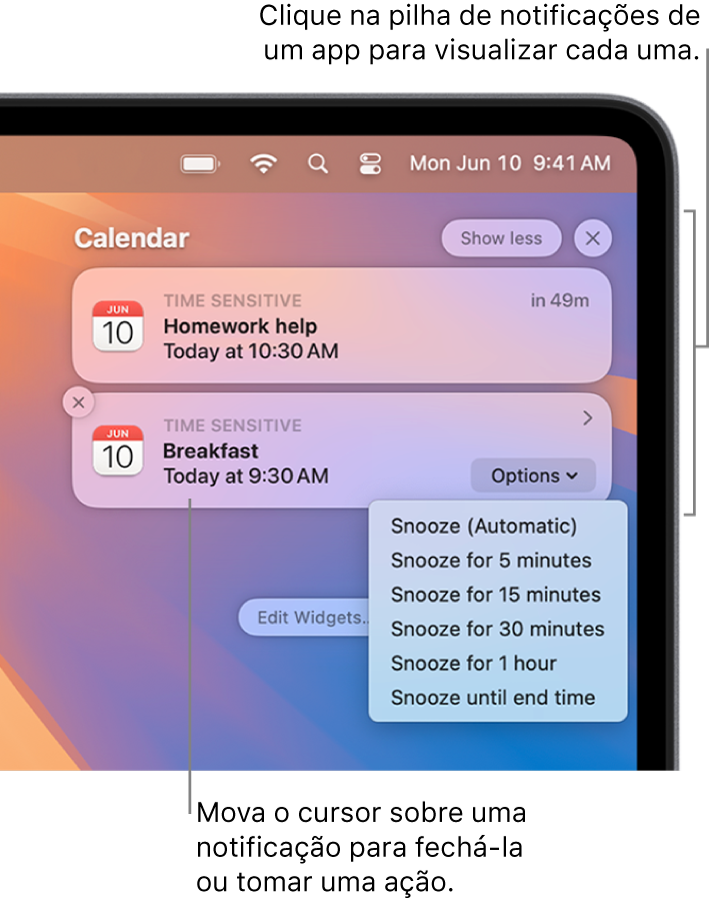 Notificações de apps no canto superior direito da mesa, incluindo um conjunto aberto de duas notificações do Lembretes com o botão “Mostrar menos” para contrair o conjunto, e uma notificação do Calendário com o botão Adiar.