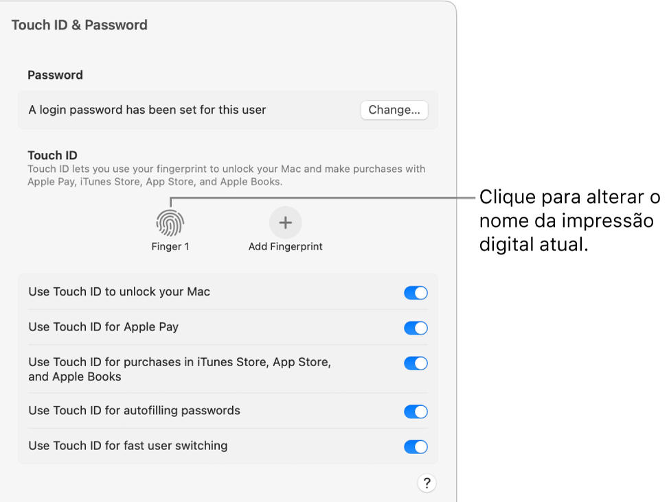 Definições de Touch ID e palavra-passe a mostrar que uma impressão digital está pronta e pode ser utilizada para desbloquear o Mac.