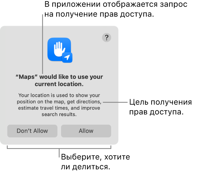 Приложение «Карты» с запросом разрешения на использование Вашей текущей геопозиции.