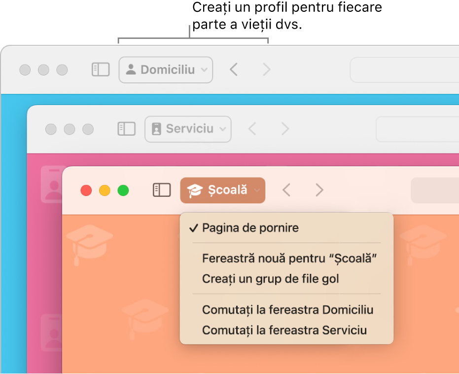 Trei ferestre de profil Safari: una pentru acasă, una pentru serviciu și una pentru școală.