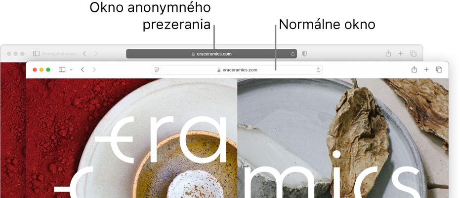 Súkromné okno v Safari s tmavým poľom dynamického vyhľadávania a normálne okno v Safari so svetlým poľom dynamického vyhľadávania.