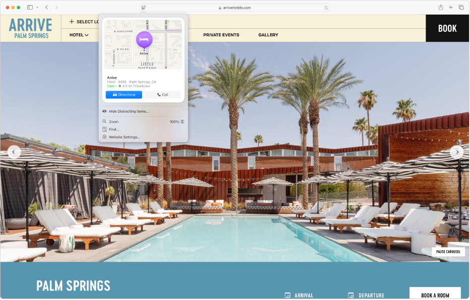 The Safari app showing Highlights for a hotel destination in Palm Springs, including a map, buttons to call the hotel and get directions, and a link to book a reservation.