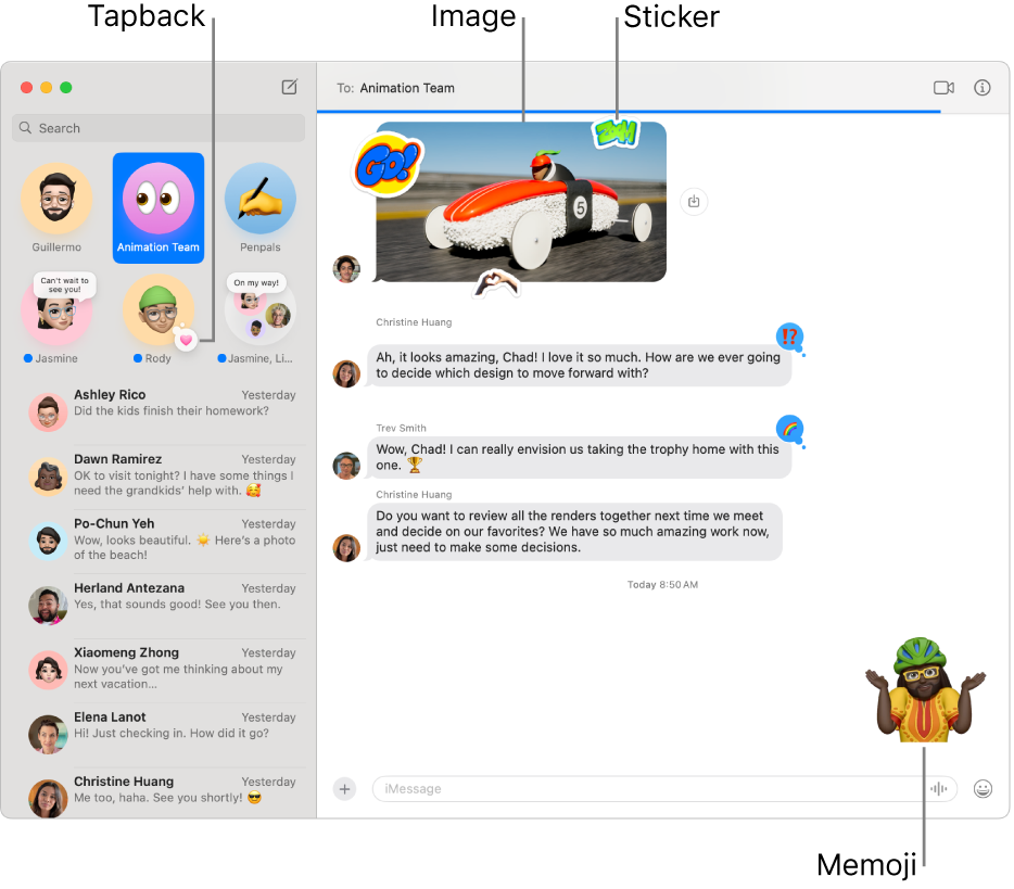 The Messages window with several conversations listed in the sidebar on the left, and a transcript showing on the right. A few items are highlighted in the transcript: a Tapback above a pinned conversation on the left, an image and Memoji on the right, and a Live Sticker in the lower-right corner. Click the Apps button at the bottom of the window to add photos, videos, #images, stickers and message effects.