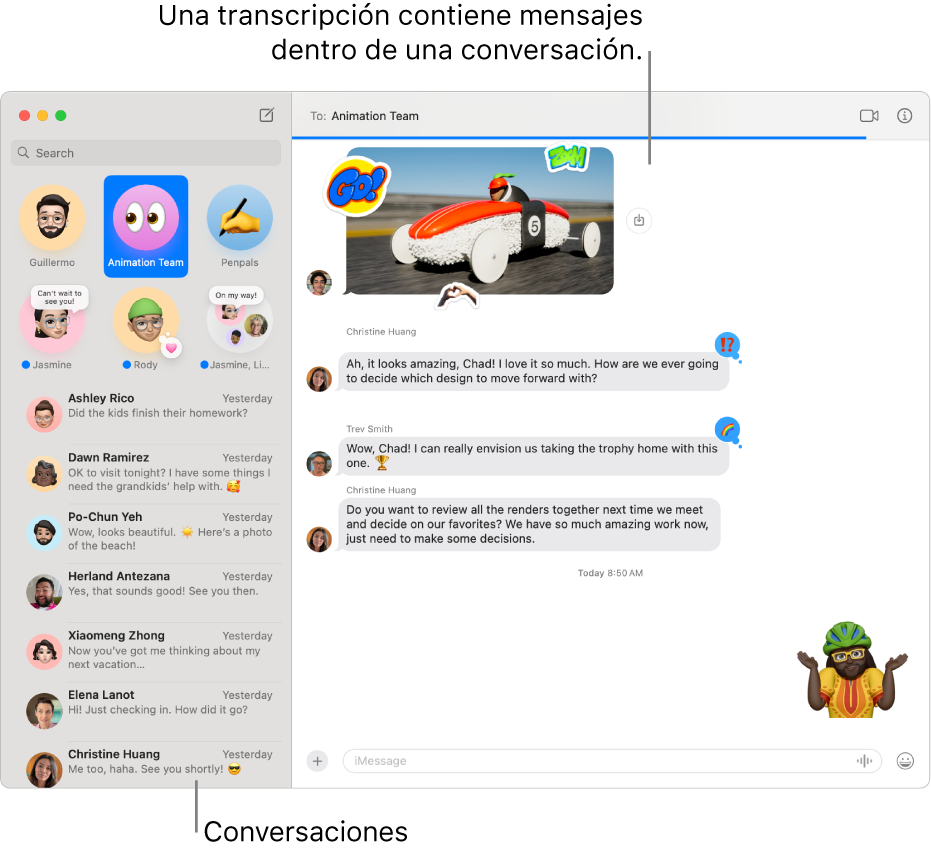 La ventana de Mensajes con conversaciones en la barra lateral y la transcripción que contiene los mensajes dentro de la conversación.