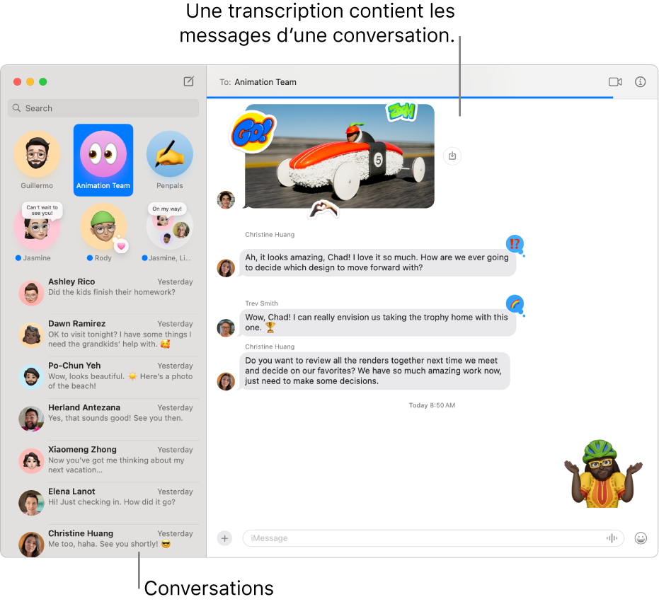 La fenêtre Messages, avec les conversations dans la barre latérale et la transcription contenant les messages de la conversation.